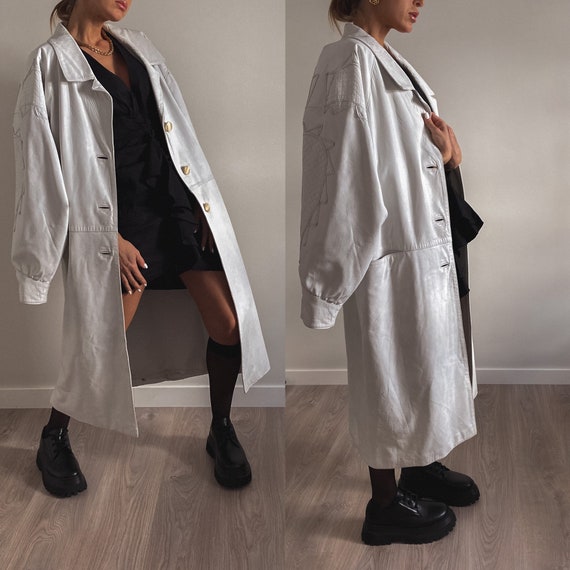 Vintage Oversized Leather Coat Trench, White Leath
