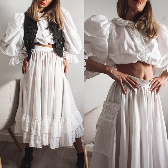 Vintage Cotton White Skirt Suit, White Cotton Hand