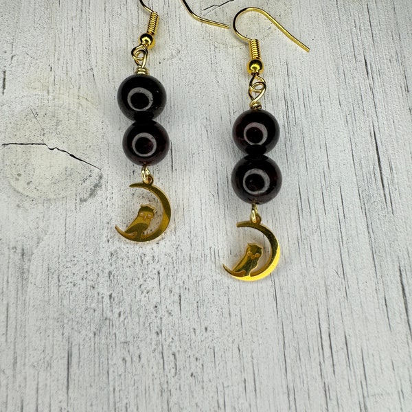 Garnet and Moon Earrings, Owl Earrings, Spooky Earrings, Garnet Jewelry, Stainless Steel Earrings