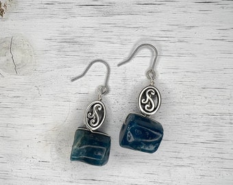 Blue Apatite Earrings - Stainless Steel Earrings, Dark blue earrings, Blue Apatite Jewelry
