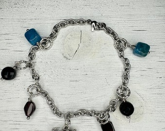 Turtle Stainless Steel Charm Bracelet with Garnet, Onyx, and Blue Apatite, Charm Bracelet, Beach Jewelry