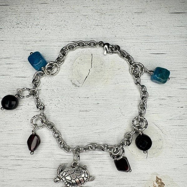 Turtle Stainless Steel Charm Bracelet with Garnet, Onyx, and Blue Apatite, Charm Bracelet, Beach Jewelry