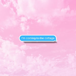 May include: A digital art piece featuring a pink sky with white clouds. A blue speech bubble with white text that reads "I'm coming to the cottage" floats in the center of the image.