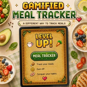 Puede incluir: Una tableta muestra una interfaz de "Gamified Meal Tracker" con gráficos pixelados. La pantalla dice "Level Up!" y "Meal Tracker", con iconos para rastrear comidas, ganar XP y conquistar hábitos. Cuencos de comida, incluyendo ensalada, avena y pollo, rodean la tableta.