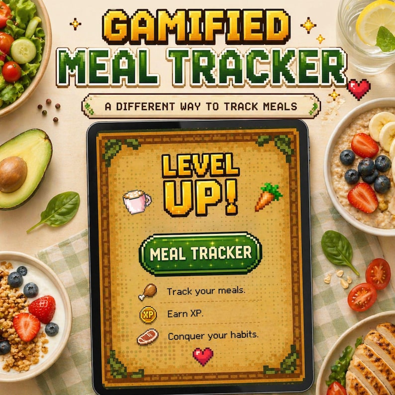 May include: A tablet displays a "Gamified Meal Tracker" interface with pixelated graphics. The screen reads "Level Up!" and "Meal Tracker," with icons for tracking meals, earning XP, and conquering habits. Bowls of food, including salad, oatmeal, and chicken, surround the tablet.