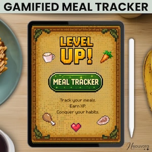 May include: A digital illustration of a gamified meal tracker app on a tablet screen. The app features a level up screen with a green button that says "Meal Tracker" and the text "Track your meals. Earn XP. Conquer your habits."