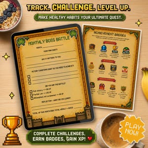May include: A digital wellness planner with the text "Track. Challenge. Level Up." and "Make Healthy Habits Your Ultimate Quest." The planner includes a "Monthly Boss Battle" page and "Achievement Badges" for tracking progress. A coffee cup and a bowl of fruit are also visible.