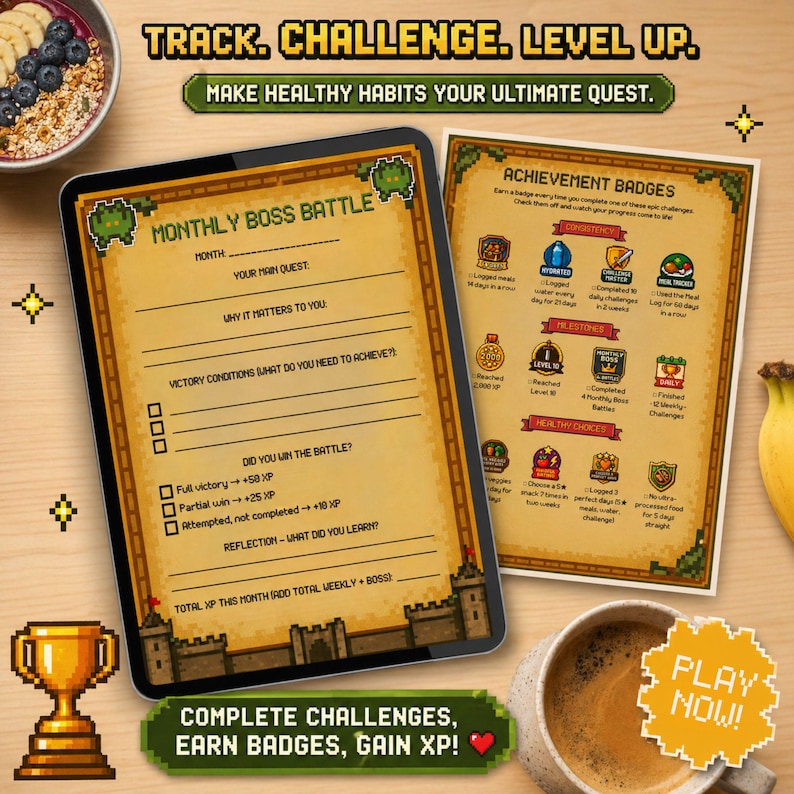 May include: A digital wellness planner with the text "Track. Challenge. Level Up." and "Make Healthy Habits Your Ultimate Quest." The planner includes a "Monthly Boss Battle" page and "Achievement Badges" for tracking progress. A coffee cup and a bowl of fruit are also visible.