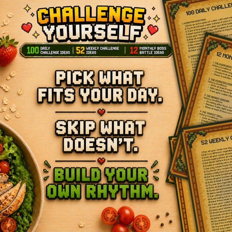 May include: A motivational graphic with the text "Challenge Yourself" in pixelated font. It includes daily, weekly, and monthly challenge ideas, along with the phrases "Pick what fits your day," "Skip what doesn't," and "Build your own rhythm."