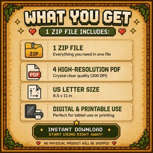May include: A digital download graphic with the text "WHAT YOU GET" at the top. The image details a ZIP file, 4 high-resolution PDFs, US Letter size (8.5 x 11 in), and digital/printable use. The text "INSTANT DOWNLOAD" is also included.