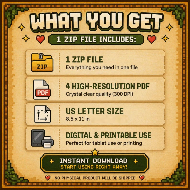 May include: A digital download graphic with the text "WHAT YOU GET" at the top. The image details a ZIP file, 4 high-resolution PDFs, US Letter size (8.5 x 11 in), and digital/printable use. The text "INSTANT DOWNLOAD" is also included.