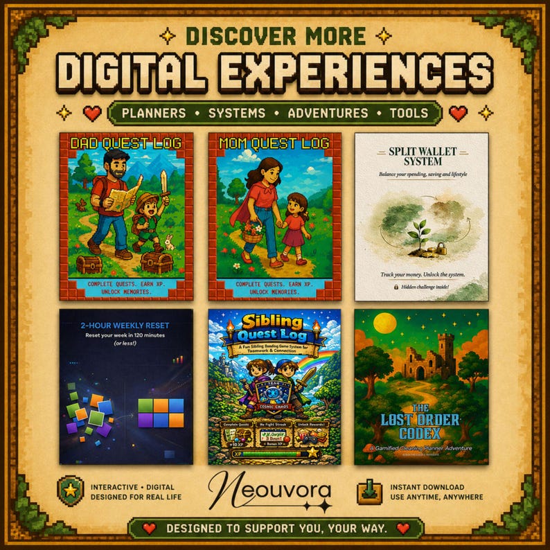 May include: A promotional graphic with the text "DISCOVER MORE DIGITAL EXPERIENCES" and product images. The images include "DAD QUEST LOG", "MOM QUEST LOG", "SPLIT WALLET SYSTEM", "2-HOUR WEEKLY RESET", "Sibling Quest Log", and "THE LOST ORDER CODEX".