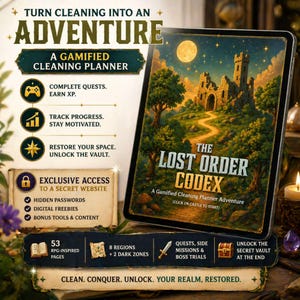 Puede incluir: Una tableta muestra "The Lost Order Codex", un planificador de limpieza gamificado, con una ilustración de un castillo. La imagen presenta elementos como misiones, seguimiento del progreso y acceso a un sitio web exclusivo para la limpieza.