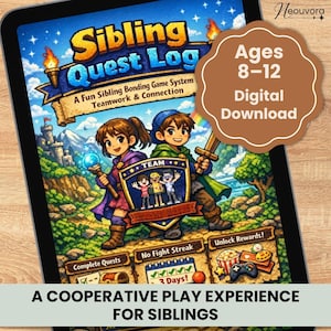 Puede incluir: Un juego de descarga digital, "Sibling Quest Log", se muestra en una tableta. El juego presenta personajes de dibujos animados, un escudo con un equipo de figuras y el texto "Ages 8-12 Digital Download". El juego promueve el trabajo en equipo y la conexión.
