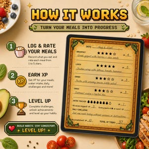 May include: A digital meal tracker with the text "HOW IT WORKS" and instructions to log meals, earn XP, and level up. The tracker shows a sample meal plan with ratings and a water tracker. The overall theme is healthy eating.