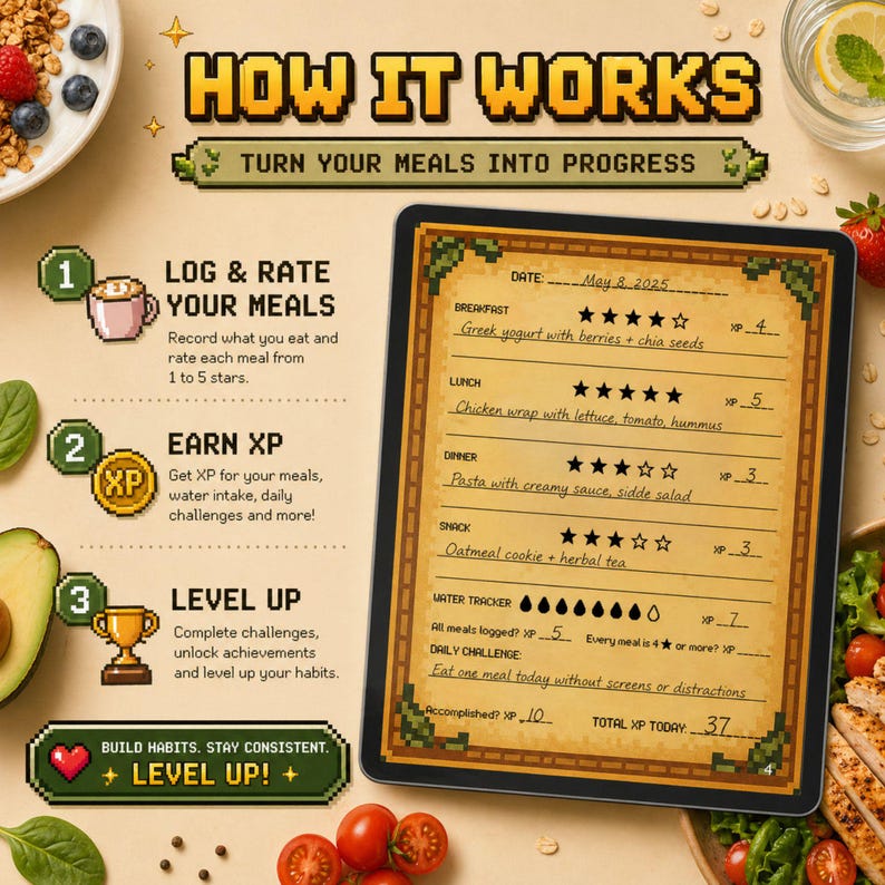 May include: A digital meal tracker with the text "HOW IT WORKS" and instructions to log meals, earn XP, and level up. The tracker shows a sample meal plan with ratings and a water tracker. The overall theme is healthy eating.