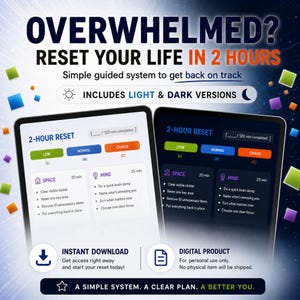 May include: Digital product advertisement with the text "OVERWHELMED? RESET YOUR LIFE IN 2 HOURS." The image shows two tablets displaying a 2-hour reset plan with light and dark versions. The plan includes steps for space and mind.