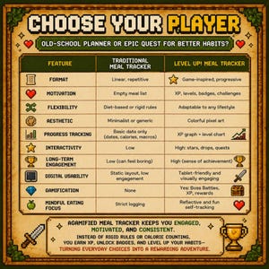 May include: A pixelated graphic comparing a traditional meal tracker to a "Level Up!" meal tracker. The chart highlights features like format, motivation, flexibility, and aesthetic. Text reads "Choose Your Player" and "Old-School Planner or Epic Quest for Better Habits?"