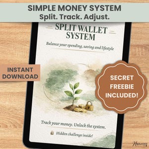 May include: A digital download titled "Split Wallet System" on a tablet. The image features text: "Balance your spending, saving and lifestyle." A graphic shows a plant, coins, and a lock. The text "Secret Freebie Included!" is also visible.