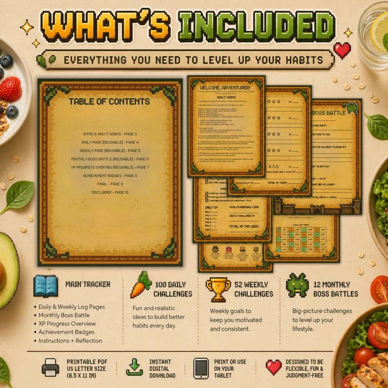 May include: A digital habit tracker with a pixelated design, featuring a table of contents, daily and weekly challenges, and monthly boss battles. Includes printable PDF in US Letter size (8.5 x 11 in).