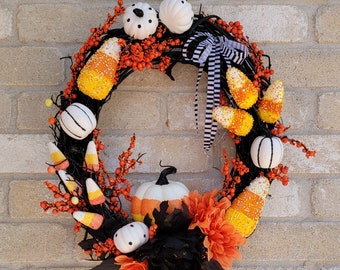 Black Cat Artificial Whimsical Halloween Wreath W/ Orange - Etsy