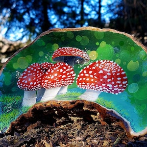 Wild Harvested Bracket Mushroom with Acrylic Hand Painted Bokeh Background and Red Toadstools! (Ganoderma Applanatum) Natural Treasures!