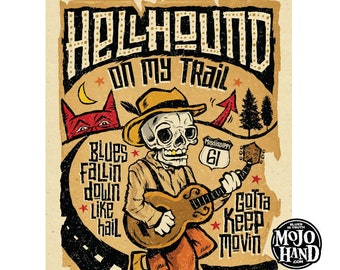 Hellhound op mijn pad Blues-volkskunstposter - 12 x 18 inch, gesigneerd door de kunstenaar