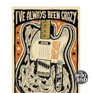 Waylon Jennings Guitar folk art tribute poster - 12"x18" signed by the artist
