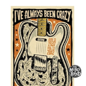 Waylon Jennings Guitar folk art tribute poster - 12&quot;x18&quot; signed by the artist