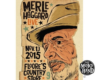 Pode incluir: Um cartaz de concerto de estilo vintage que anuncia uma apresentação ao vivo de Merle Haggard no Floore's Country Store em Helotes, Texas, em 13 de novembro de 2015 às 21h. O cartaz apresenta uma ilustração de desenho animado de Merle Haggard usando um chapéu de cowboy.