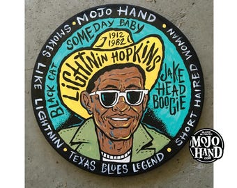 Lightnin Hopkins Blues folk art painting on wood  - Art by Grego of Mojohand