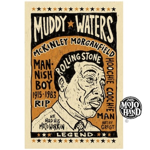 Cartel tributo al arte popular de Muddy Waters Blues - 12"x18" firmado por el artista