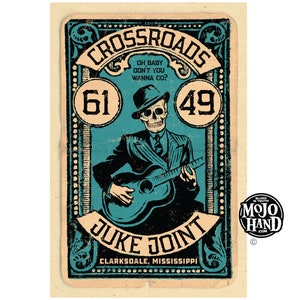 Crossroads Blues Juke Joint volkskunstposter - 12" x 18" ondertekend door de kunstenaar Mojohand - Robert Johnson-afbeelding in deltastijl