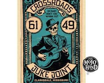 Crossroads Blues Juke Joint folk art poster - 12&quot;x18&quot; signed by the artist Mojohand - Robert Johnson delta style image
