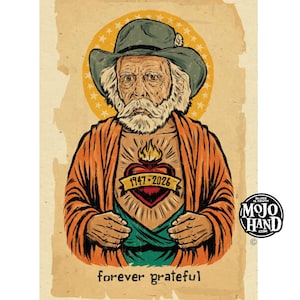May include: Illustration of an elderly man with a white beard and a hat, wearing an orange jacket. A heart with flames and the text "1947-2026" is on his chest. The words "forever grateful" are at the bottom. The background is a light brown color.