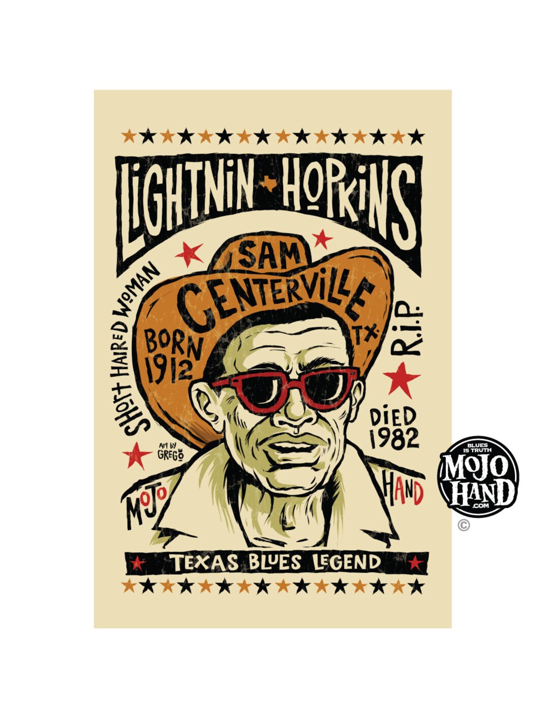 Lightnin Hopkins Blues Folk Art Tribute Poster 12x18 Signed by the
