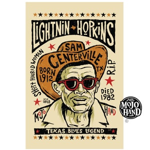 Lightnin Hopkins Blues folkkonst hyllningsaffisch - 30x43 cm signerad av konstnären
