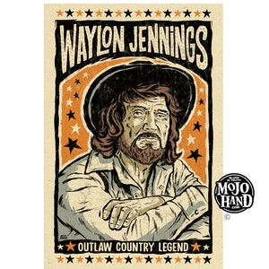 Waylon Jennings folk art tribute poster - 12"x18" signed by the artist