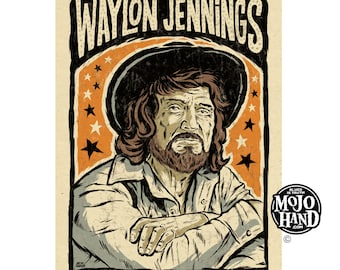 Waylon Jennings folk art tribute poster - 12&quot;x18&quot; signed by the artist