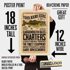 Cartel de papel guía de pesca Bass Charter personalizado - 12"x18" el mejor "su nombre aquí" regalos