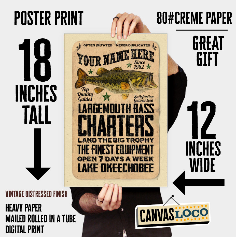 Personalized Bass Charter Fishing Guide Paper Poster 12x18 the