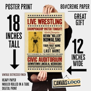 Cartel de papel Vintage Wrestling personalizado - 12 "x18" tamaño - los mejores regalos "su nombre"