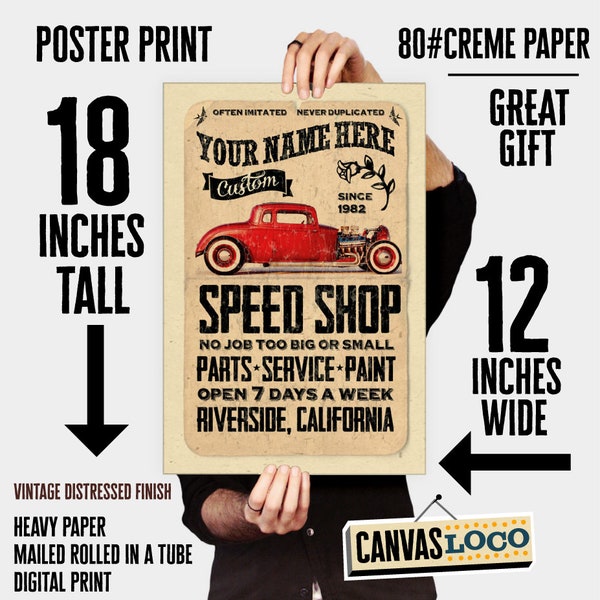 Personalized Hot rod speed shop paper poster - 12"x18" the finest "your name here" gifts - automotive gifts