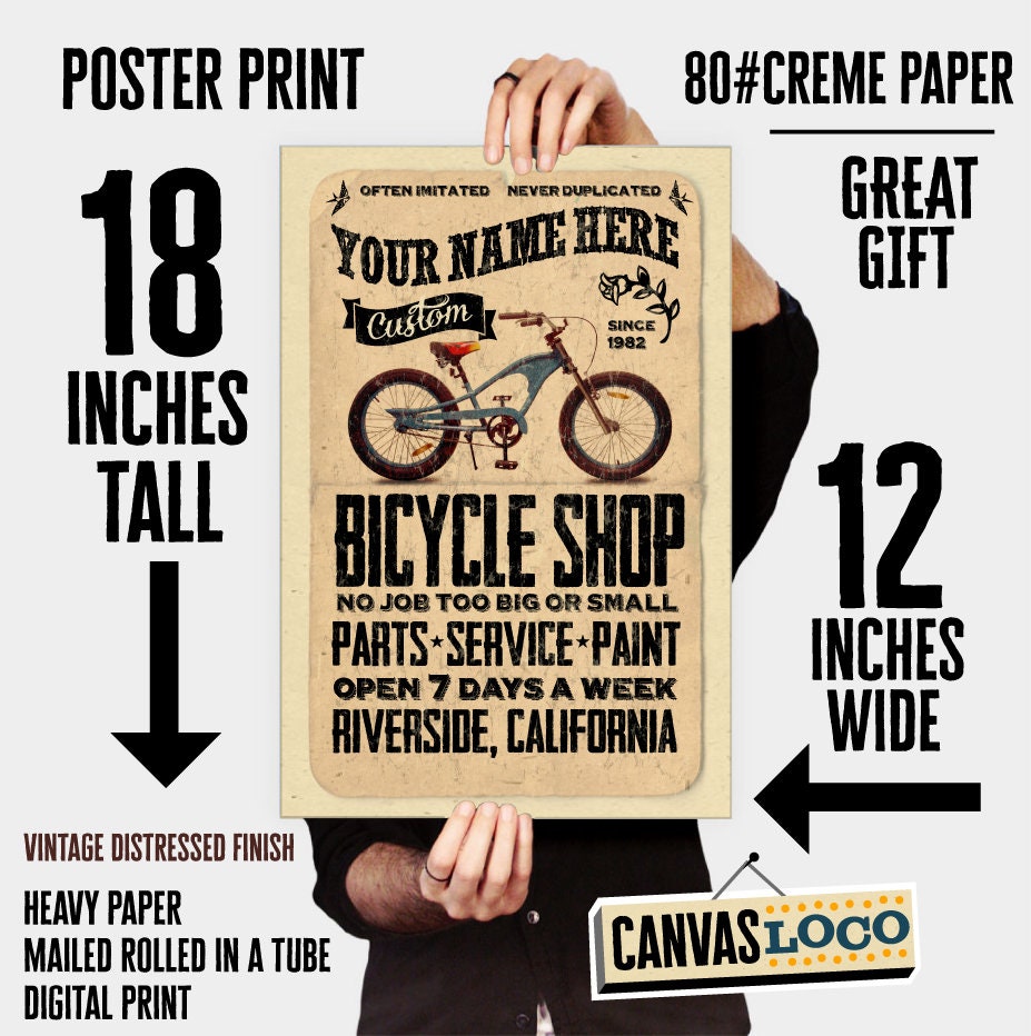 Personalized Bike shop poster - 12"x18" the finest "your name here" gifts - bicycle enthusiasts