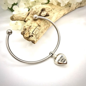 Cremation Ashes Urn Bangle Bracelet with Heart Charm memorial keepsake ashes PERSONALISED with your own words or design