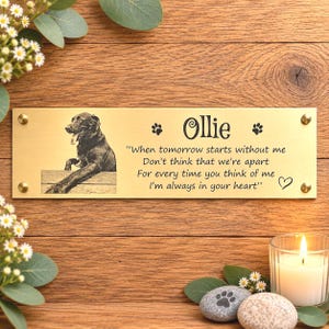 May include: A rectangular gold-toned metal memorial plaque featuring an engraved image of a dog, the name Ollie, two paw prints, a heart symbol, and the text: When tomorrow starts without me, Don't think that we're apart, For every time you think of me, I'm always in your heart.