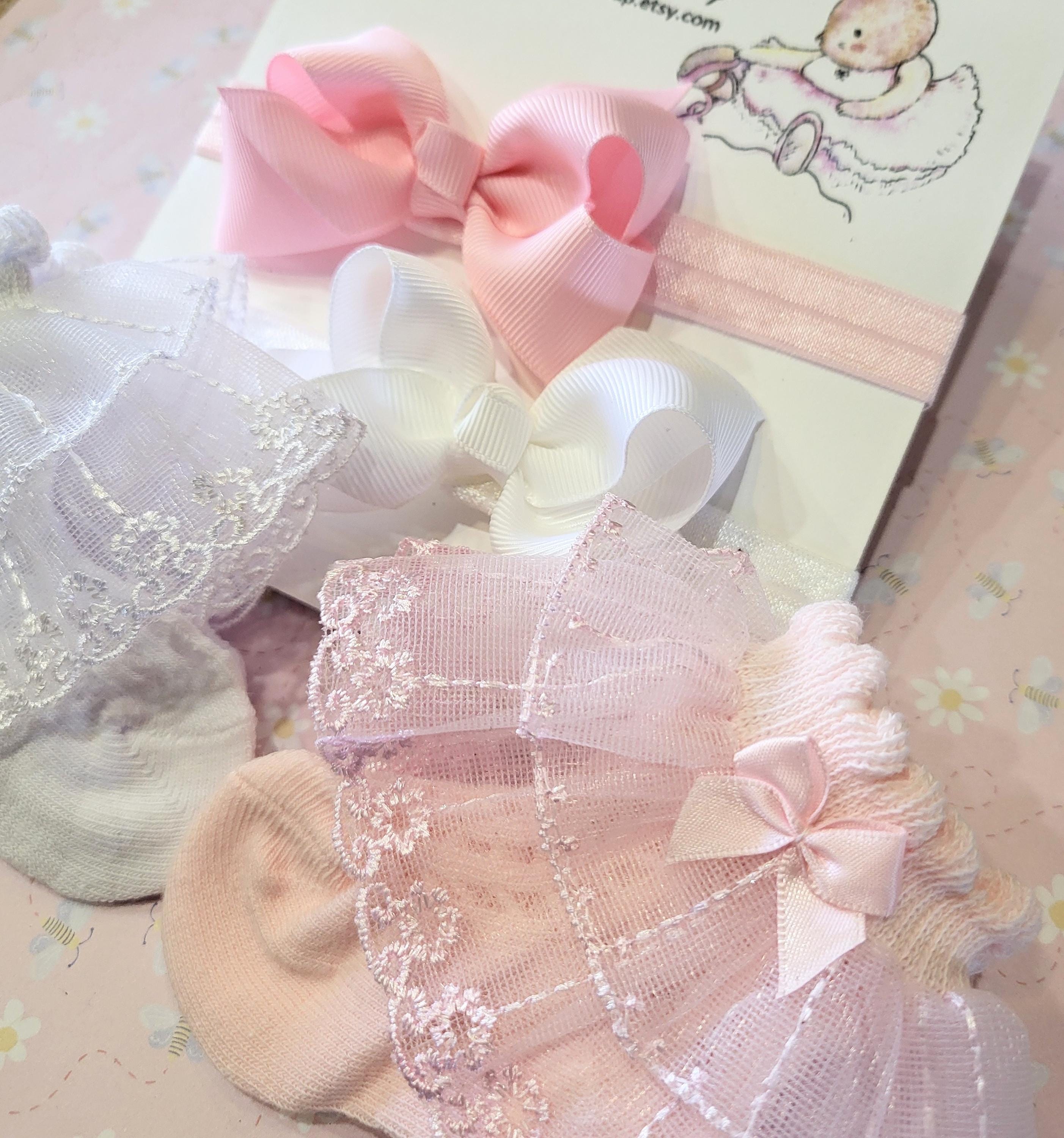 Lace Ruffle Baby Socks and Headband Set, Pink & White, Satin Bows