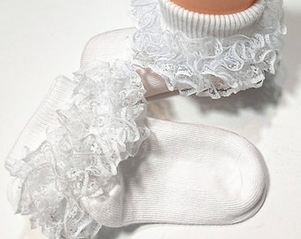 May include: A pair of white ankle socks with a white lace ruffle trim. The socks are made of a soft, stretchy fabric and are perfect for adding a touch of elegance to any outfit.
