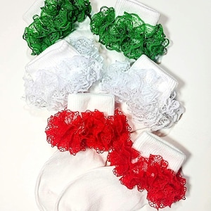Beautiful lace ruffled Christmas socks for babies, toddlers and lil girls.