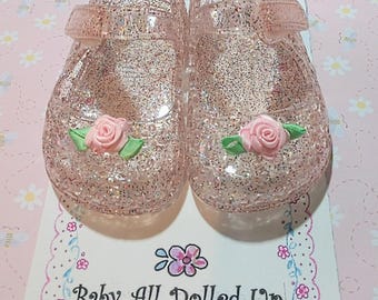 Sparkle Jelly Mary Jane Shoes, Pink Rosebud Detail